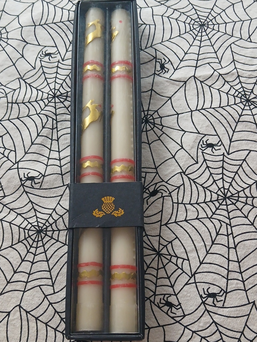 MacKenzie-Childs Ivory Taper Candles with Gold and Red Bands - And Reindeer